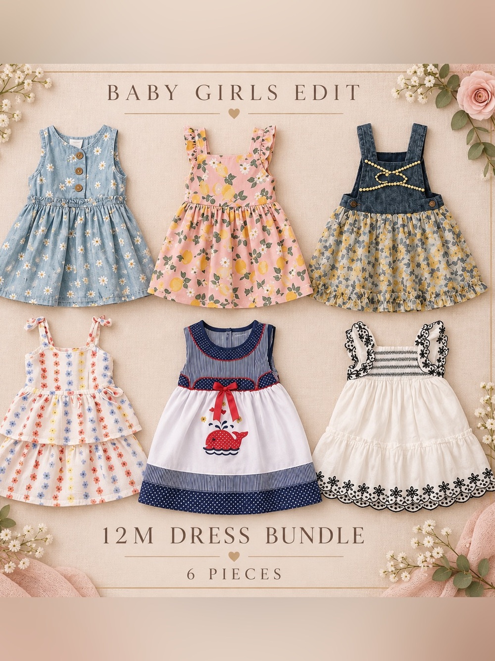 Vintage Baby Girl 12M Dress Bundle Little Lass Max Studio 6 Pieces